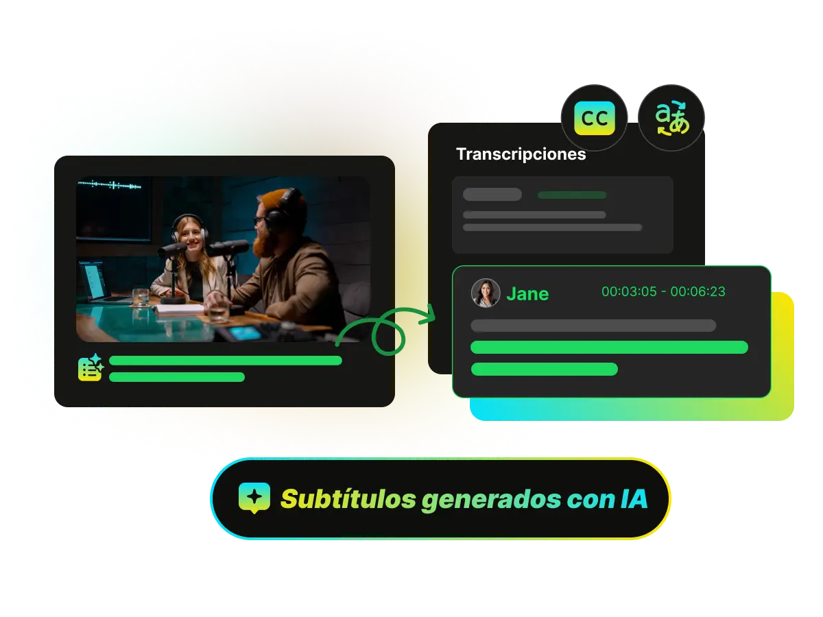 Una demostración de la función de subtítulos generados por IA de WayinVideo, mostrando un reproductor de video vinculado a una transcripción precisa con marcas de tiempo.